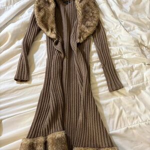 bebe Tan Knit Cardigan with Faux Fur Accents
